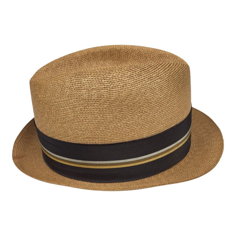 Vintage 1960s Mid Century MCM Hat Taupe W Striped Band sz 7 Keen's Colonials - Picture 3 of 11